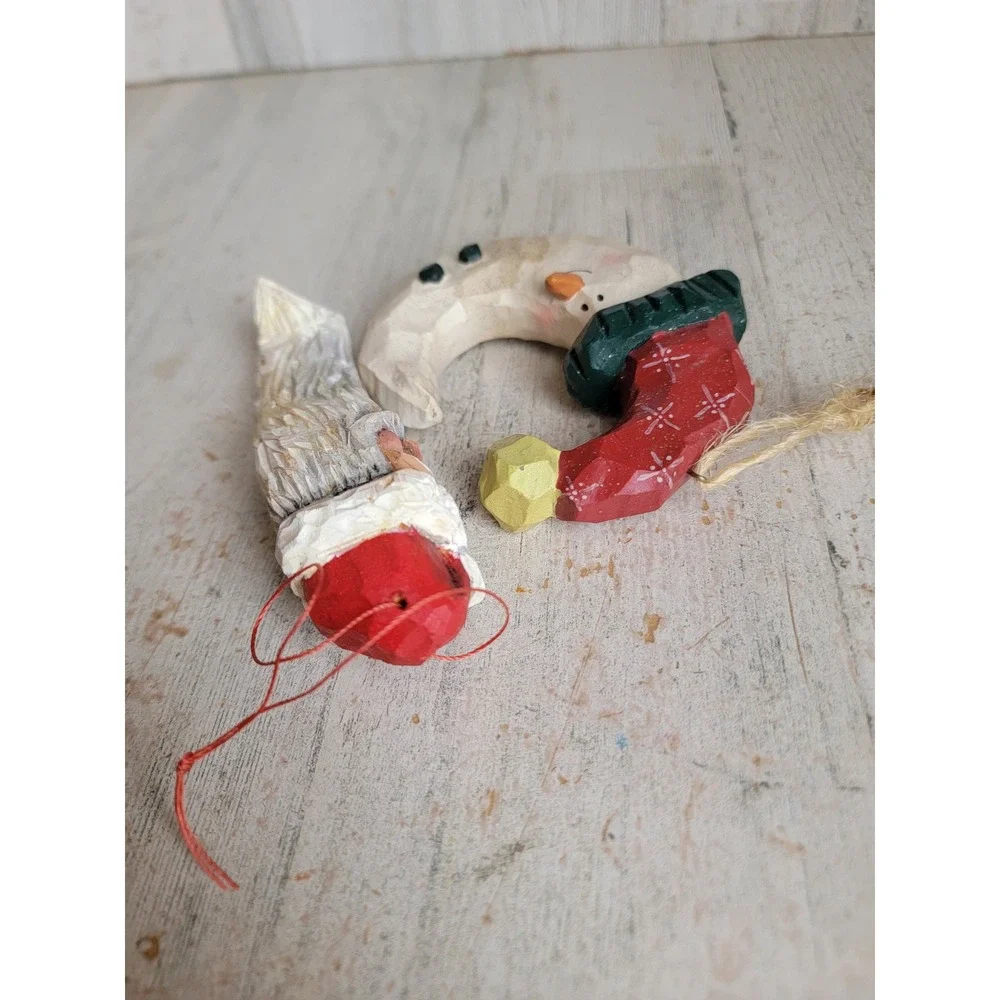 Rustic vintage Santa Claus wooden Moon crescent ornament Xmas set